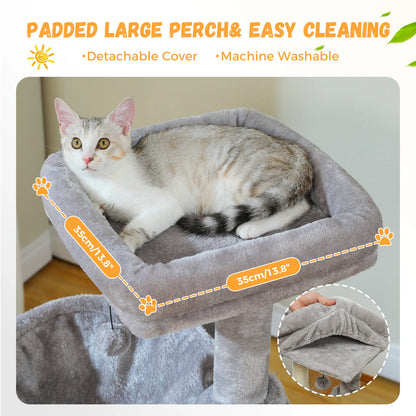 Padded large perch on a large cat tree for indoor cats, featuring machine washable, detachable cover.