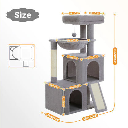 Large cat tree for indoor cats with multiple levels, scratching posts, and cozy condos for play and rest