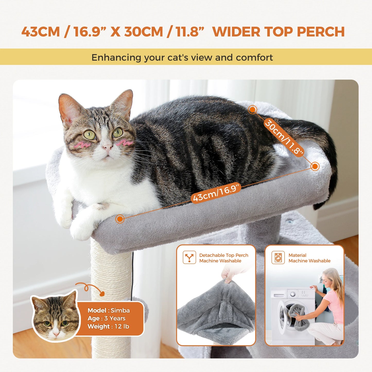 Large cat tree for indoor cats with a wide top perch for comfort and enhanced viewing