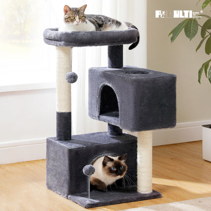 Large cat tree for indoor cats featuring multiple levels and cozy hiding spots for play and rest