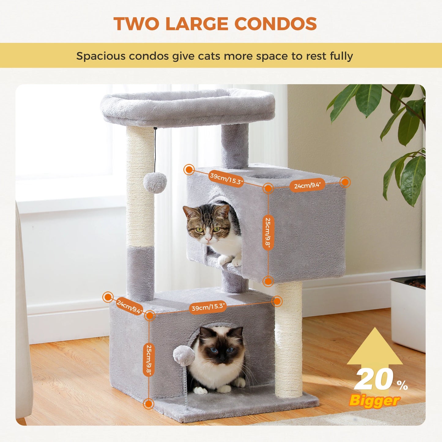 Large cat tree for indoor cats featuring two spacious condos for comfortable resting and play