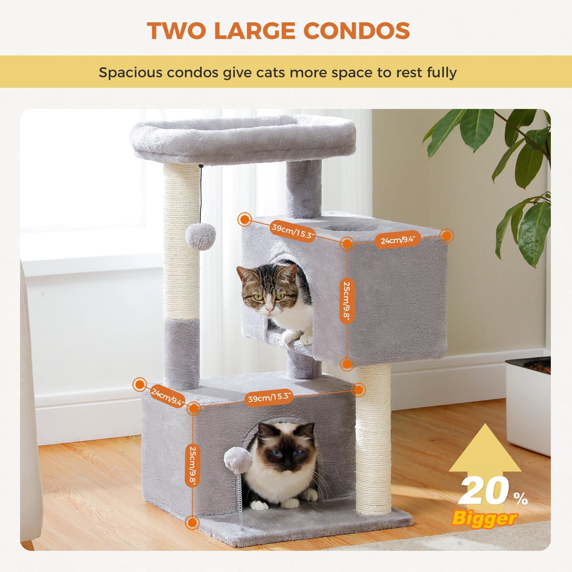 Large cat tree for indoor cats featuring two spacious condos for comfortable resting and play