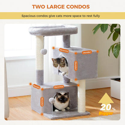 Large cat tree for indoor cats featuring two spacious condos for comfortable resting and play