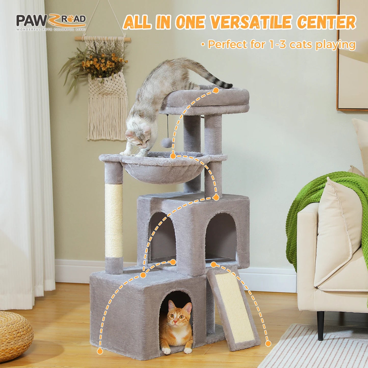 Large cat tree for indoor cats with multi-level platforms and cozy hideaways for play and relaxation