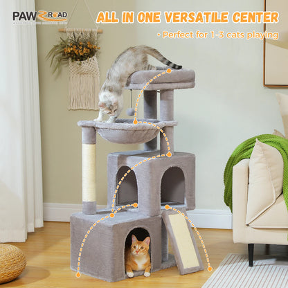 Large cat tree for indoor cats with multi-level platforms and cozy hideaways for play and relaxation