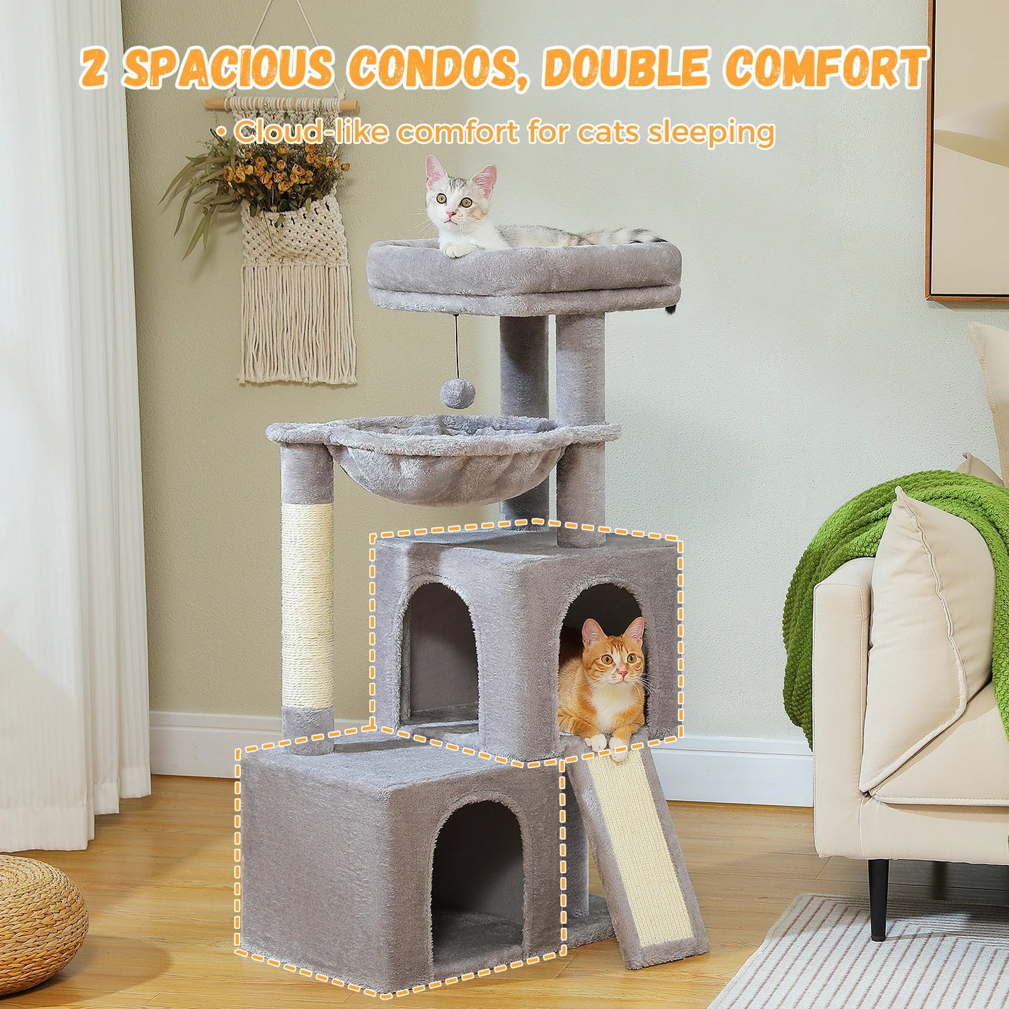Large cat tree for indoor cats with two spacious condos and cloud-like comfort for sleeping