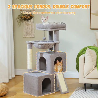 Large cat tree for indoor cats with two spacious condos and cloud-like comfort for sleeping