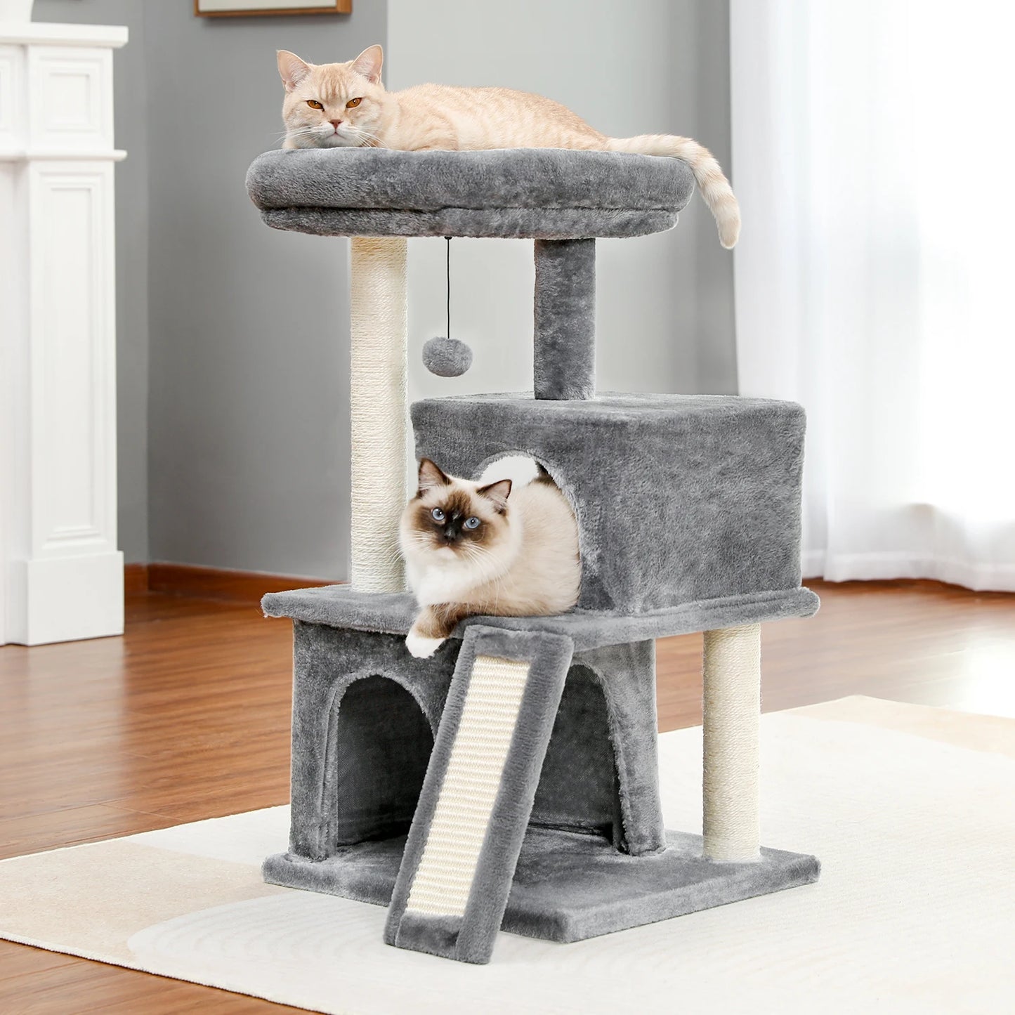 Large cat tree for indoor cats featuring multi-level design and cozy lounging areas