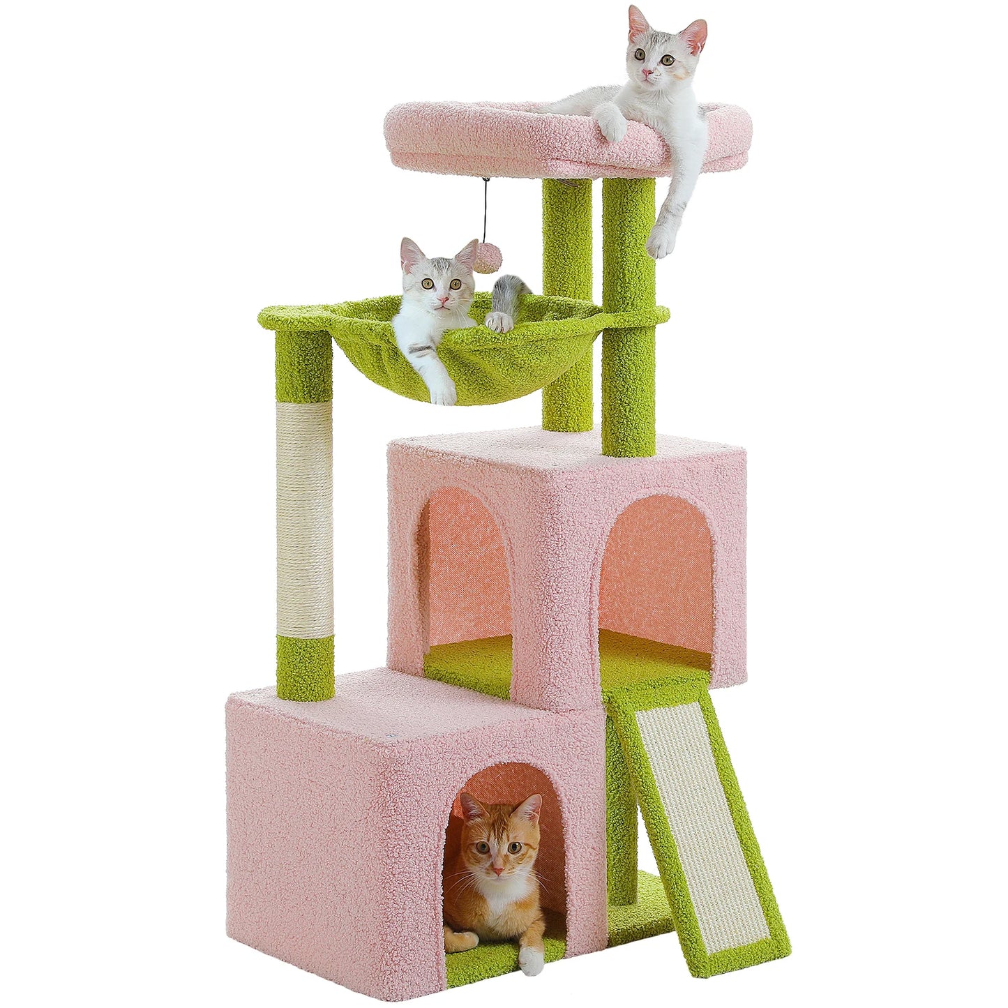 Large cat tree for indoor cats with multiple levels, scratching posts, and cozy hideaways