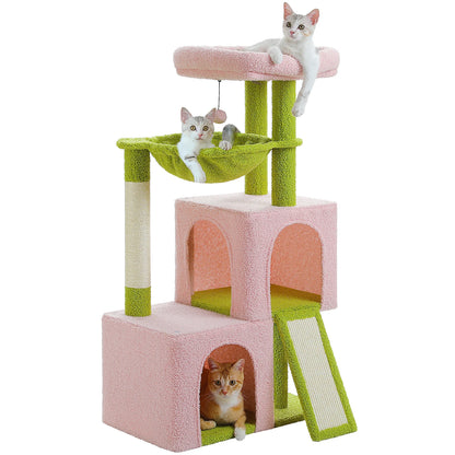 Large cat tree for indoor cats with multiple levels, scratching posts, and cozy hideaways