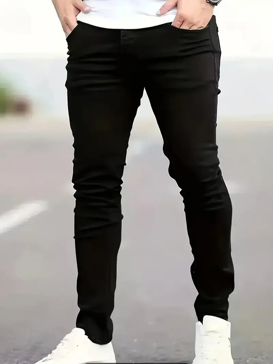 Men's slim-fit black jeans featuring a tapered design for a sleek look and comfortable style