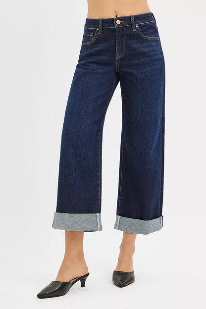Trendsi mid rise ankle wide leg roll up jeans in dark wash with stylish cuffed hems