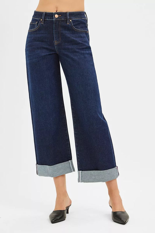 Trendsi mid rise ankle wide leg roll up jeans in dark wash with cuffed hems and flattering fit