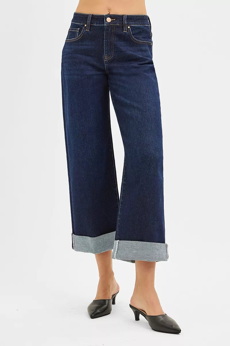 Trendsi mid rise ankle wide leg roll up jeans featuring a classic blue denim design with rolled cuffs