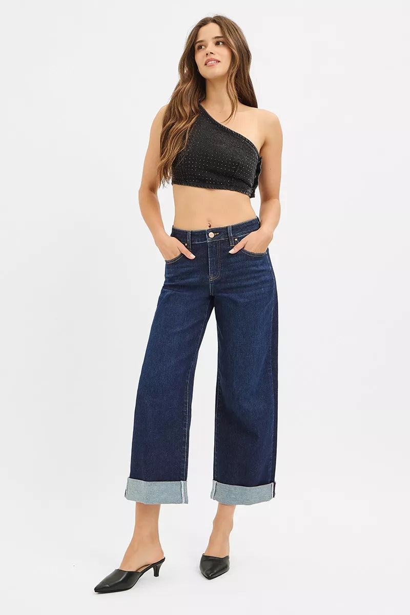 Trendsi mid rise ankle wide leg roll up jeans in dark denim with a relaxed fit and rolled hems