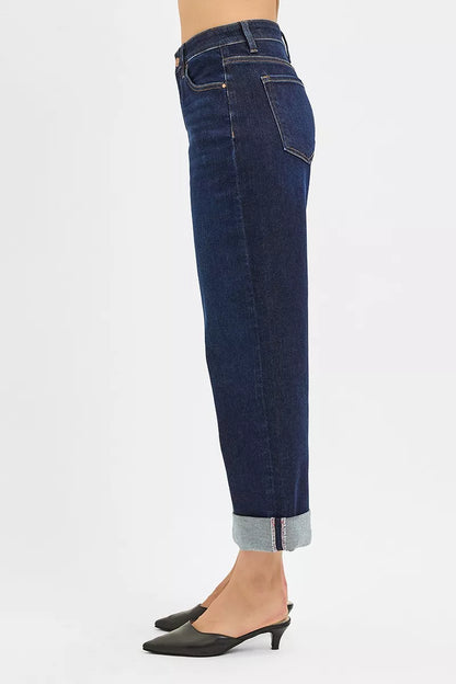Trendsi mid rise ankle wide leg roll up jeans in dark denim with rolled cuffs and a stylish fit