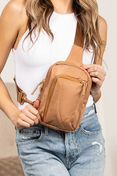 Shophouse Northwest tan nylon crossbody bag for women with front zip pocket and adjustable strap