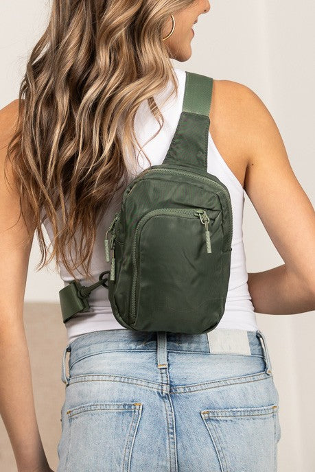 Shophouse Northwest olive nylon crossbody bag for women with adjustable strap and front zip pockets