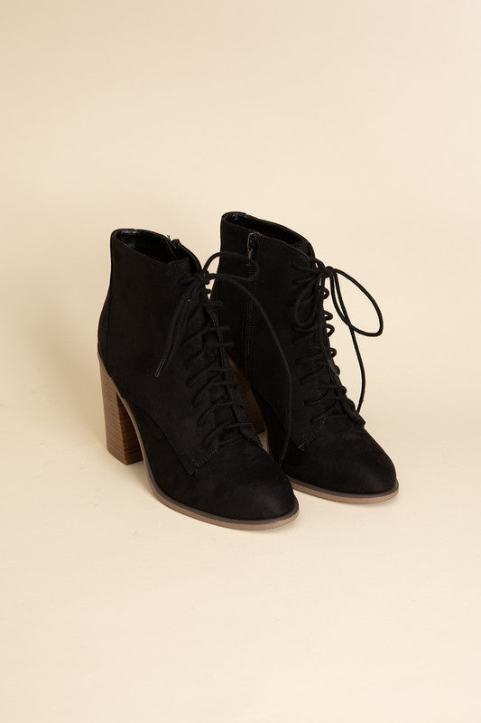 Shophouse Northwest black suede Lace Up Ankle Boots Block Heel ankle high lace front pair with stacked wooden heel