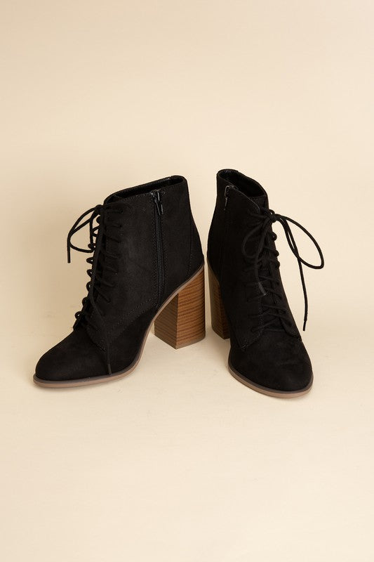 Shophouse Northwest Lace Up Ankle Boots Block Heel black suede ankle boots with wooden heel and side zipper