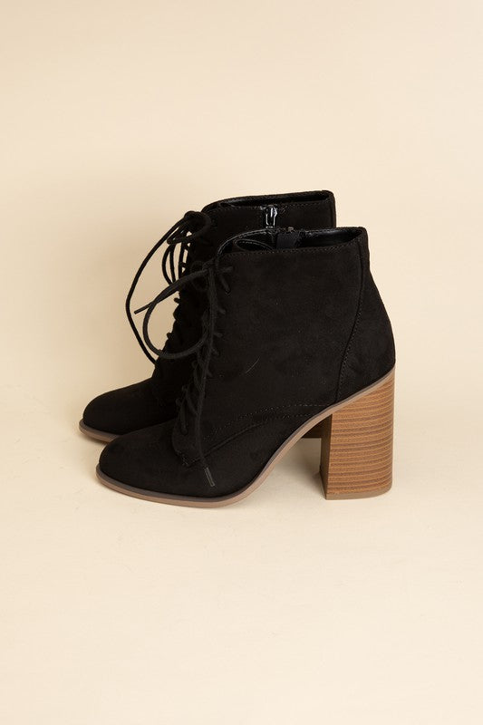 Shophouse Northwest Lace Up Ankle Boots Block Heel black suede lace up ankle boots with stacked wood heel