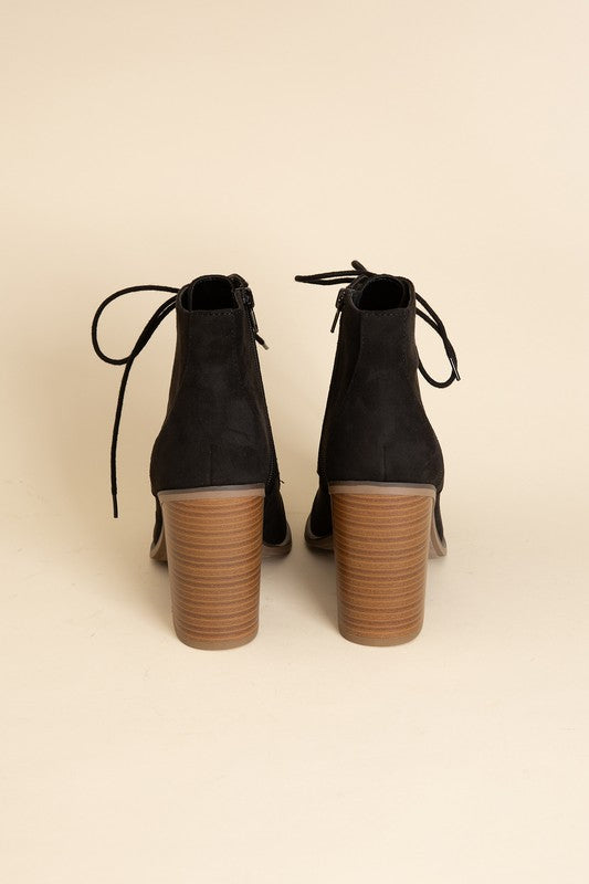 Shophouse Northwest black suede Lace Up Ankle Boots Block Heel with stacked wood heels rear view