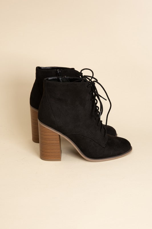 Shophouse Northwest Lace Up Ankle Boots Block Heel black suede ankle boots with stacked wood heel and side zipper