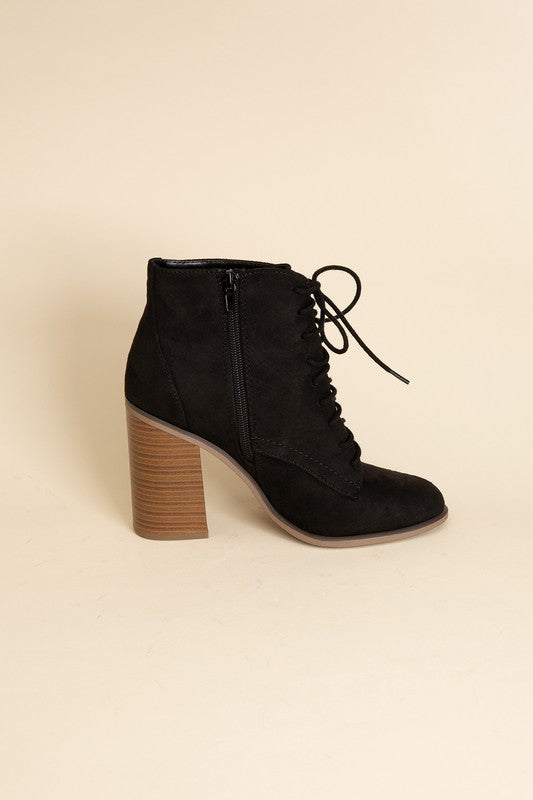 Shophouse Northwest black suede Lace Up Ankle Boots Block Heel with side zipper and stacked wood heel
