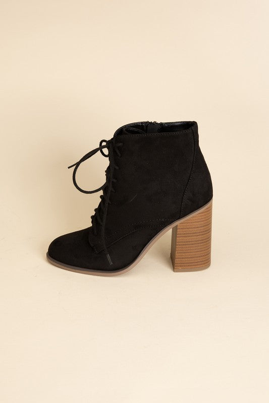 Shophouse Northwest black suede Lace Up Ankle Boots Block Heel with stacked wood heel and side zipper
