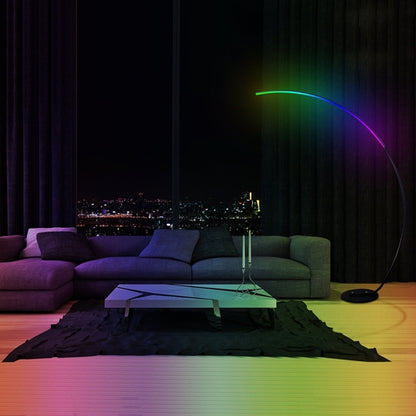 Modern curve floor lamp with colorful LED lighting in a stylish living room setting