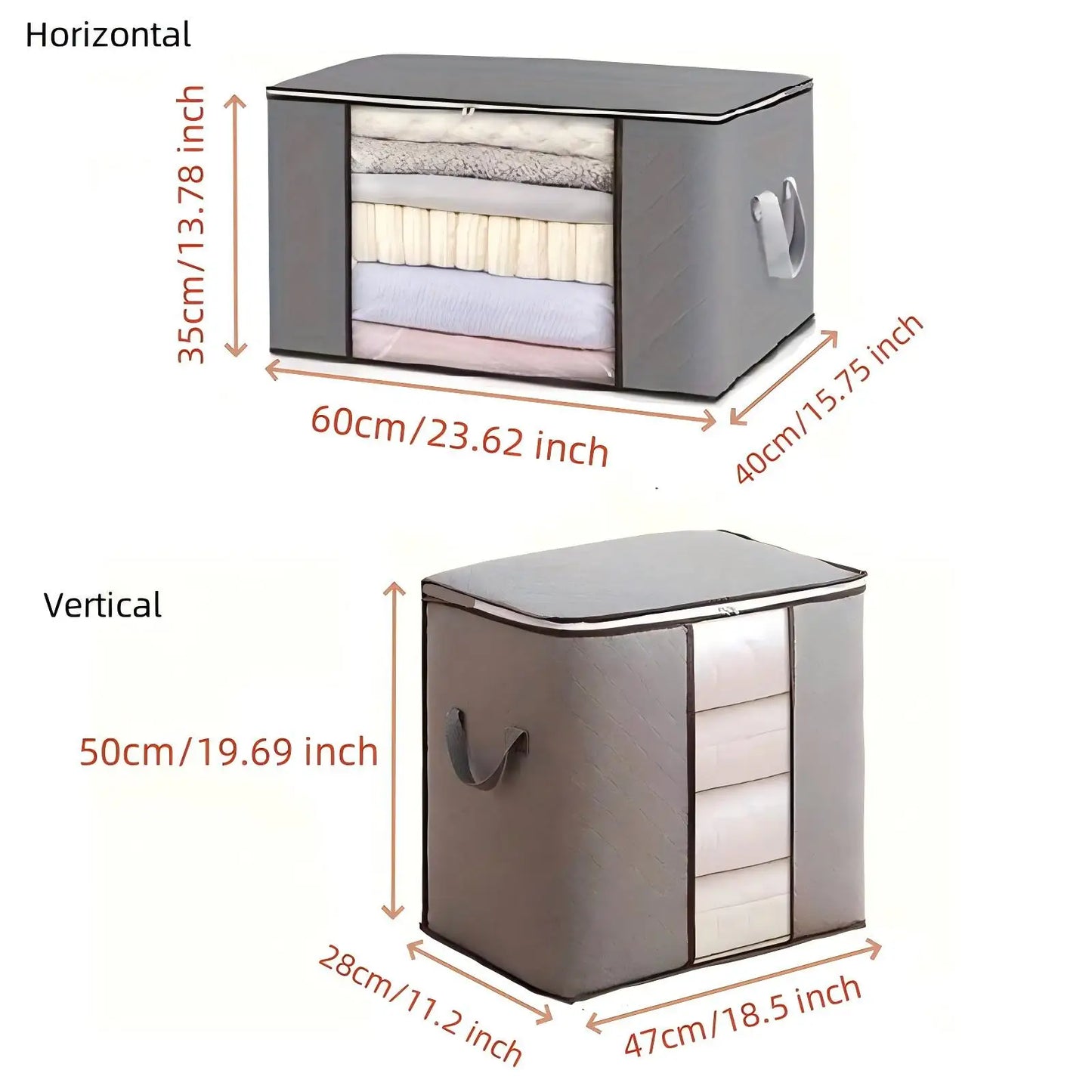 Moisture-proof blanket storage containers in horizontal and vertical designs for effective organization