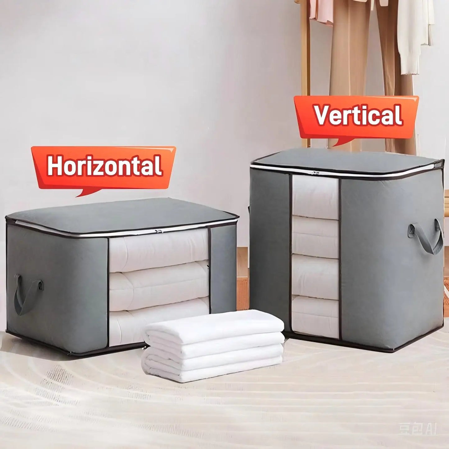 Gray moisture-proof blanket storage containers in horizontal and vertical styles for organized storage