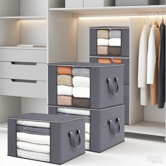 Moisture-proof blanket storage containers in gray, neatly organizing blankets in a closet