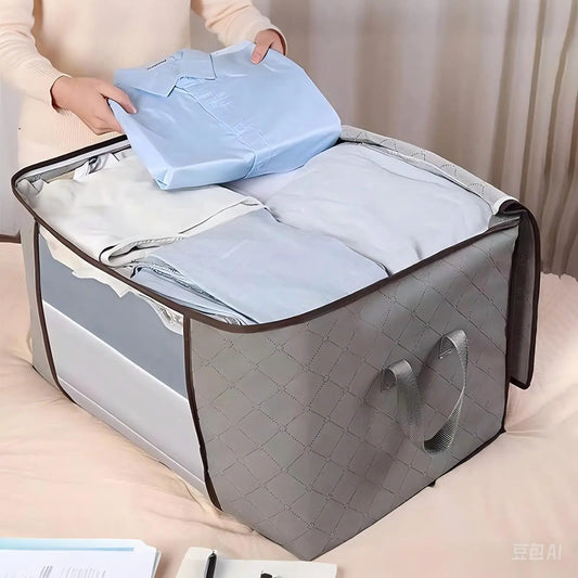 Moisture-proof blanket storage containers filled with neatly folded clothes for organized storage