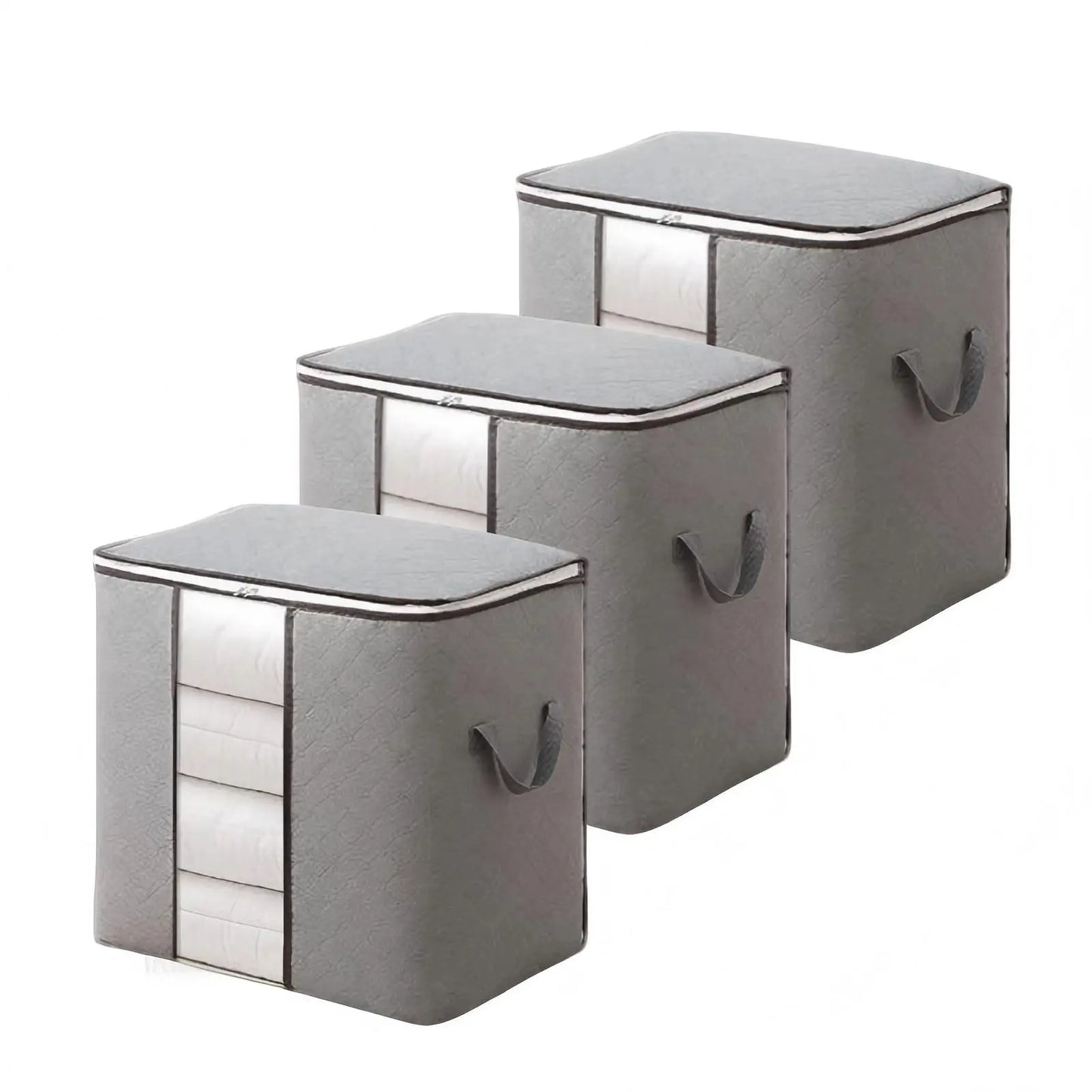 Set of three moisture-proof blanket storage containers in gray with zippered lids and handles