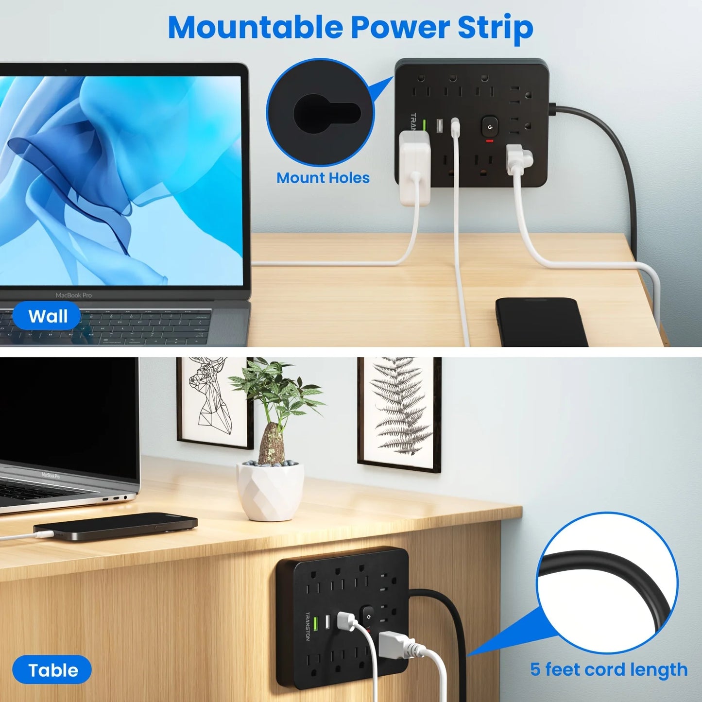 Black surge protector power strip with USB mounted on wall and table with multiple devices plugged in