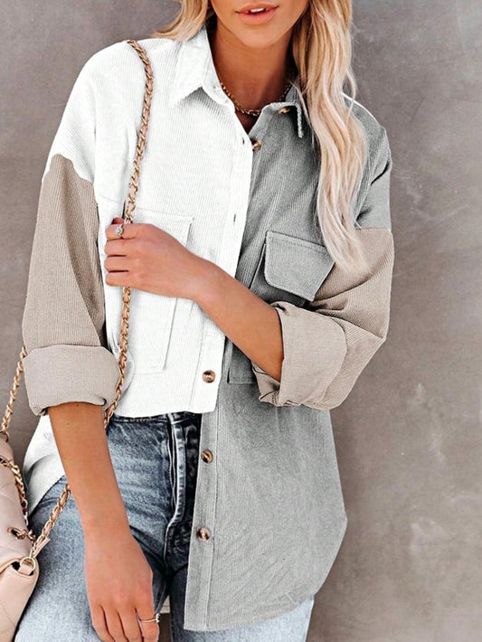 Shophouse Northwest corduroy boho patch shirt shacket colorblock neutral button front pocket rolled sleeves denim jeans crossbody