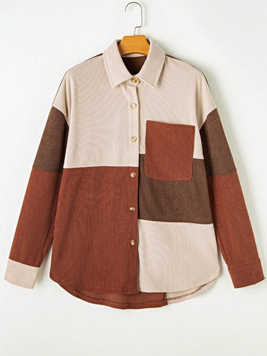 Shophouse Northwest corduroy boho patch shirt shacket in beige brown and rust colorblock corduroy jacket