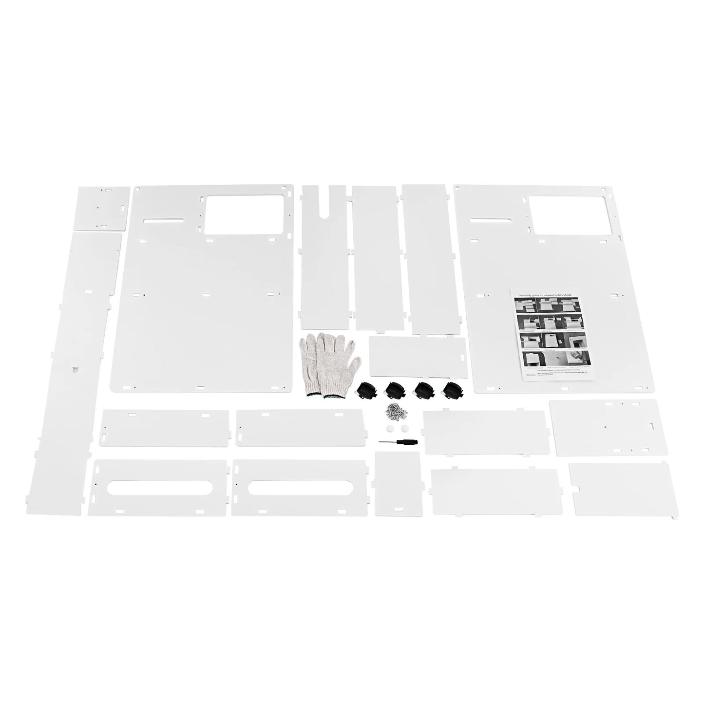 Narrow bathroom storage cabinet assembly parts including panels and accessories in white finish