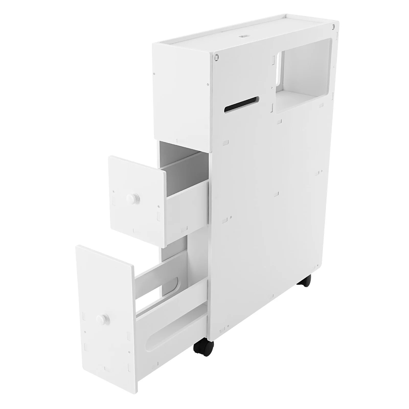 Narrow bathroom storage cabinet in white with drawers and wheels for easy maneuverability