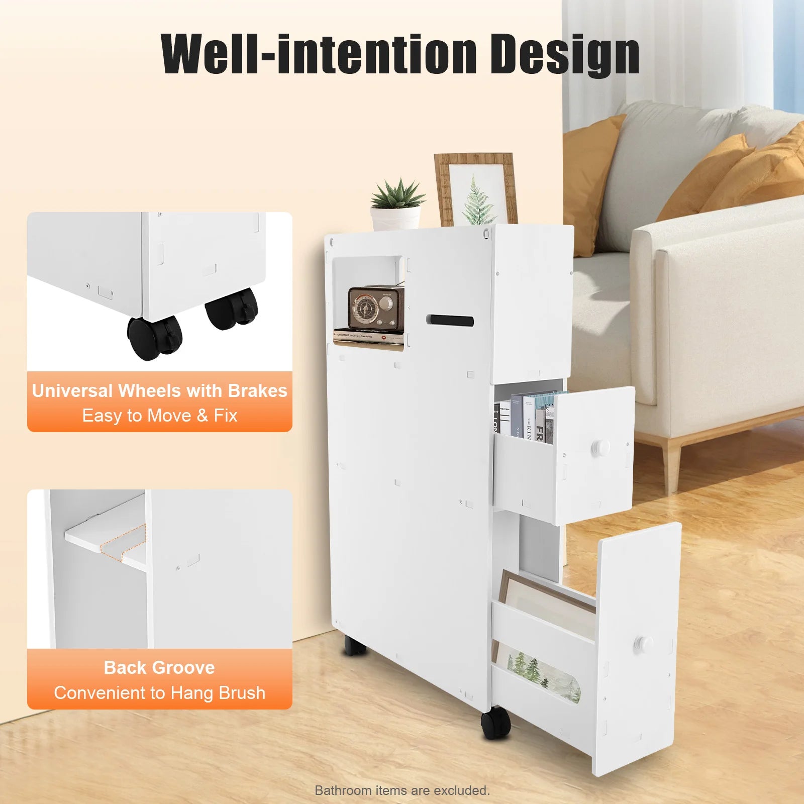 Narrow bathroom storage cabinet with wheels and multiple drawers for easy organization and mobility