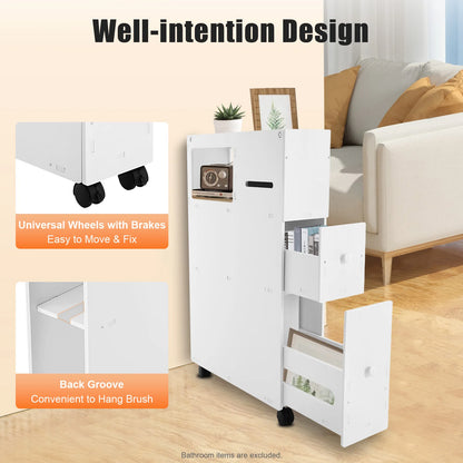 Narrow bathroom storage cabinet with wheels and multiple drawers for easy organization and mobility