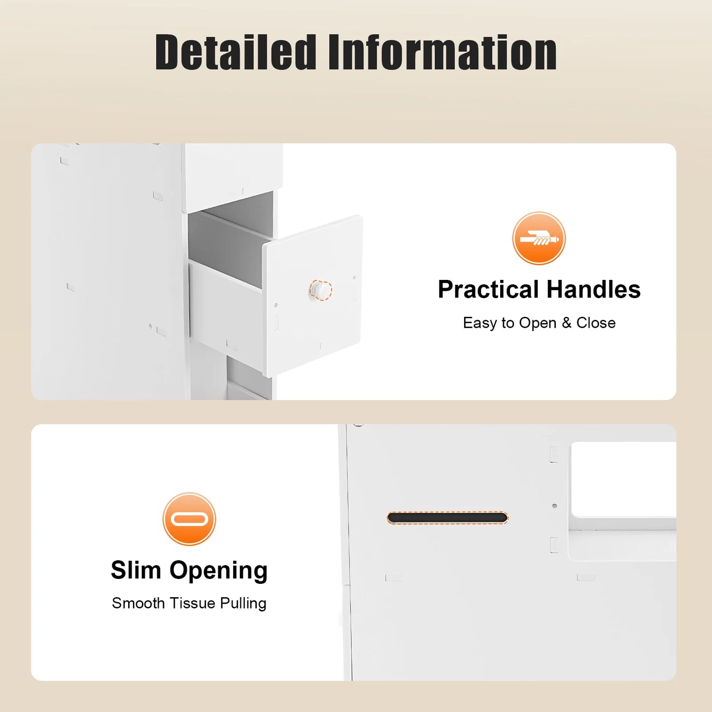 Narrow bathroom storage cabinet with practical handles and slim opening for easy access and organization