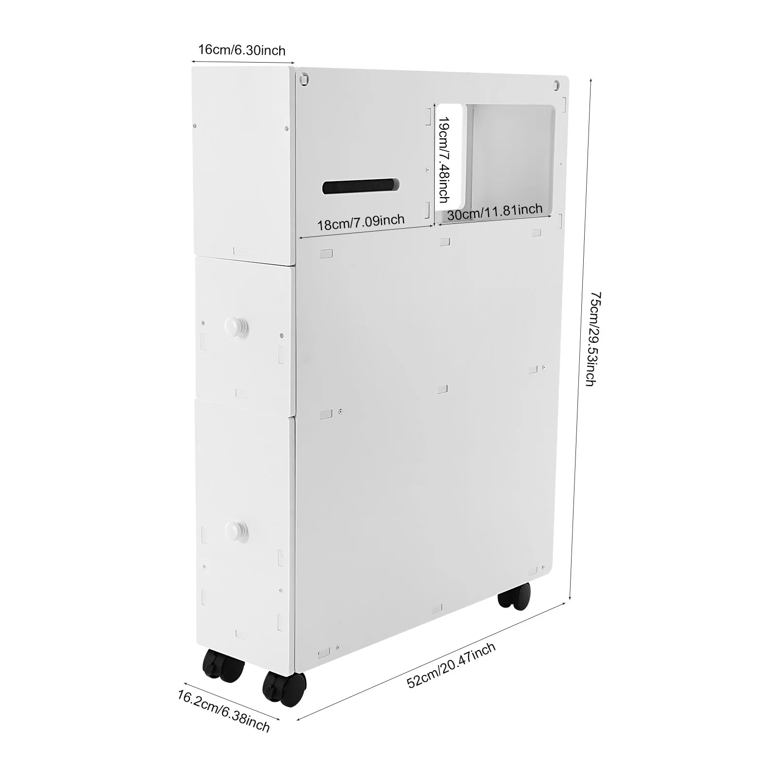 Foldable narrow bathroom storage cabinet on wheels with a sleek white design for saving space