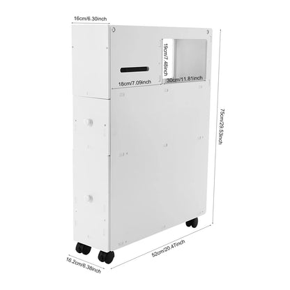 Foldable narrow bathroom storage cabinet on wheels with a sleek white design for saving space