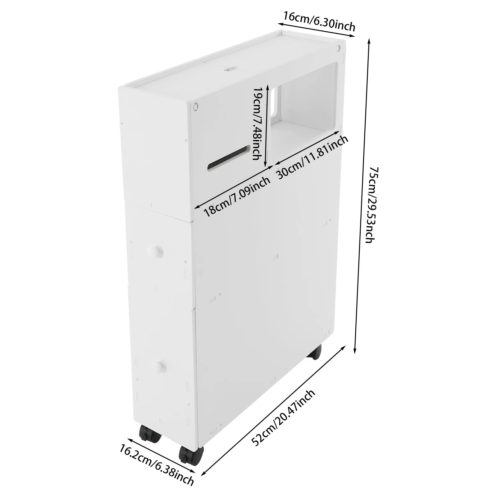 Narrow bathroom storage cabinet in white with wheels, perfect for small spaces and organization