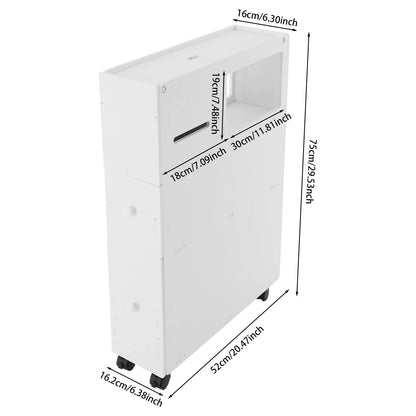 Narrow bathroom storage cabinet in white with wheels, perfect for small spaces and organization