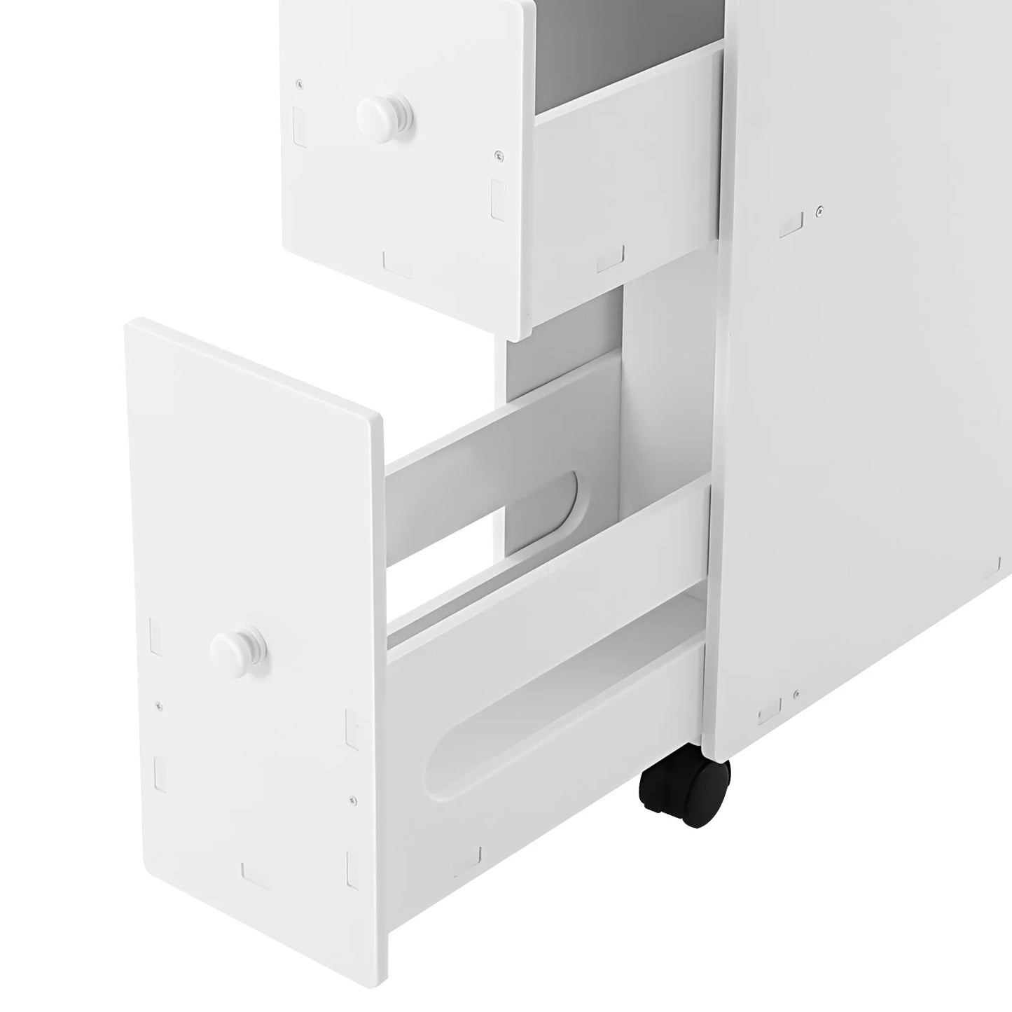 Narrow bathroom storage cabinet with two drawers and rolling wheels for easy mobility