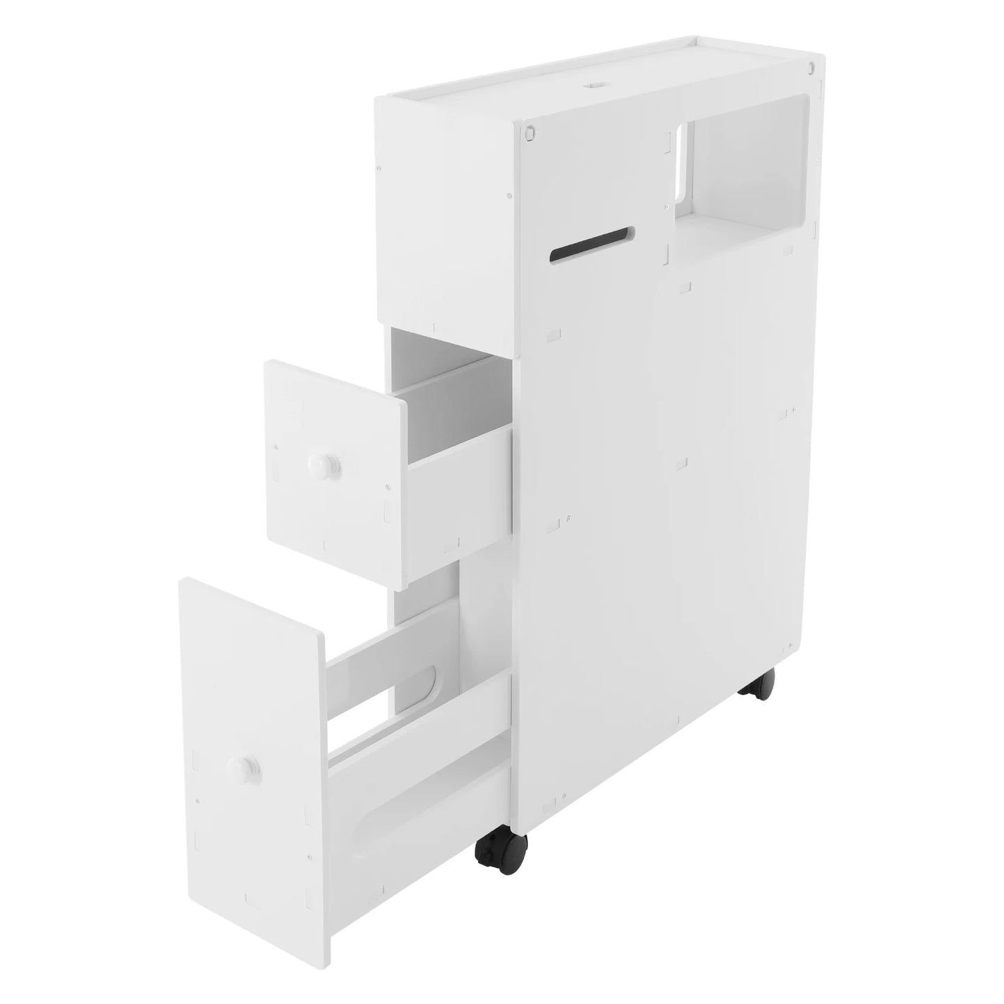 Narrow bathroom storage cabinet in white with sliding drawers and wheels for easy mobility