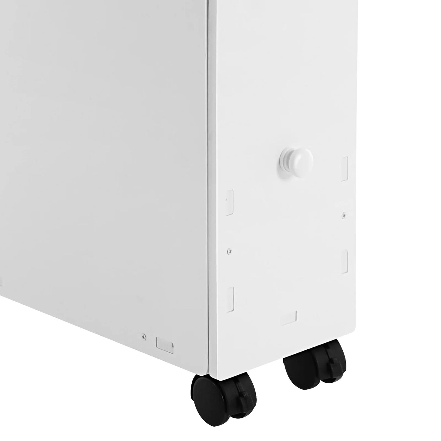 White narrow bathroom storage cabinet on wheels for compact spaces and easy mobility